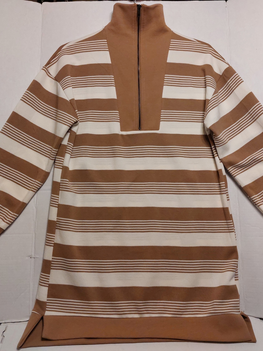 Umgee Women's Striped Cowl-Neck Sweater Dress in Cream and Tan